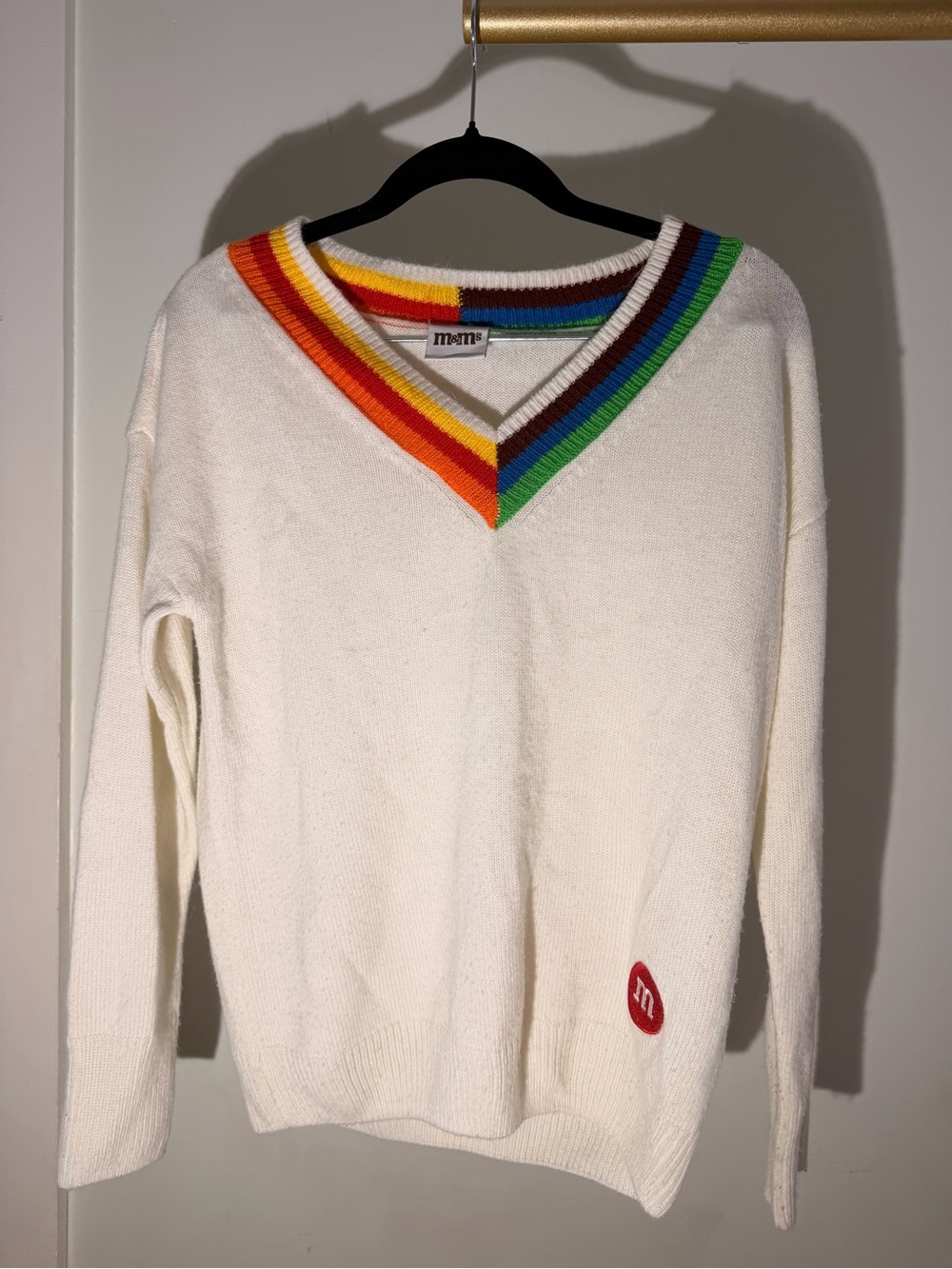 M&M'S White V-Neck Sweater with Rainbow Stripe Trim